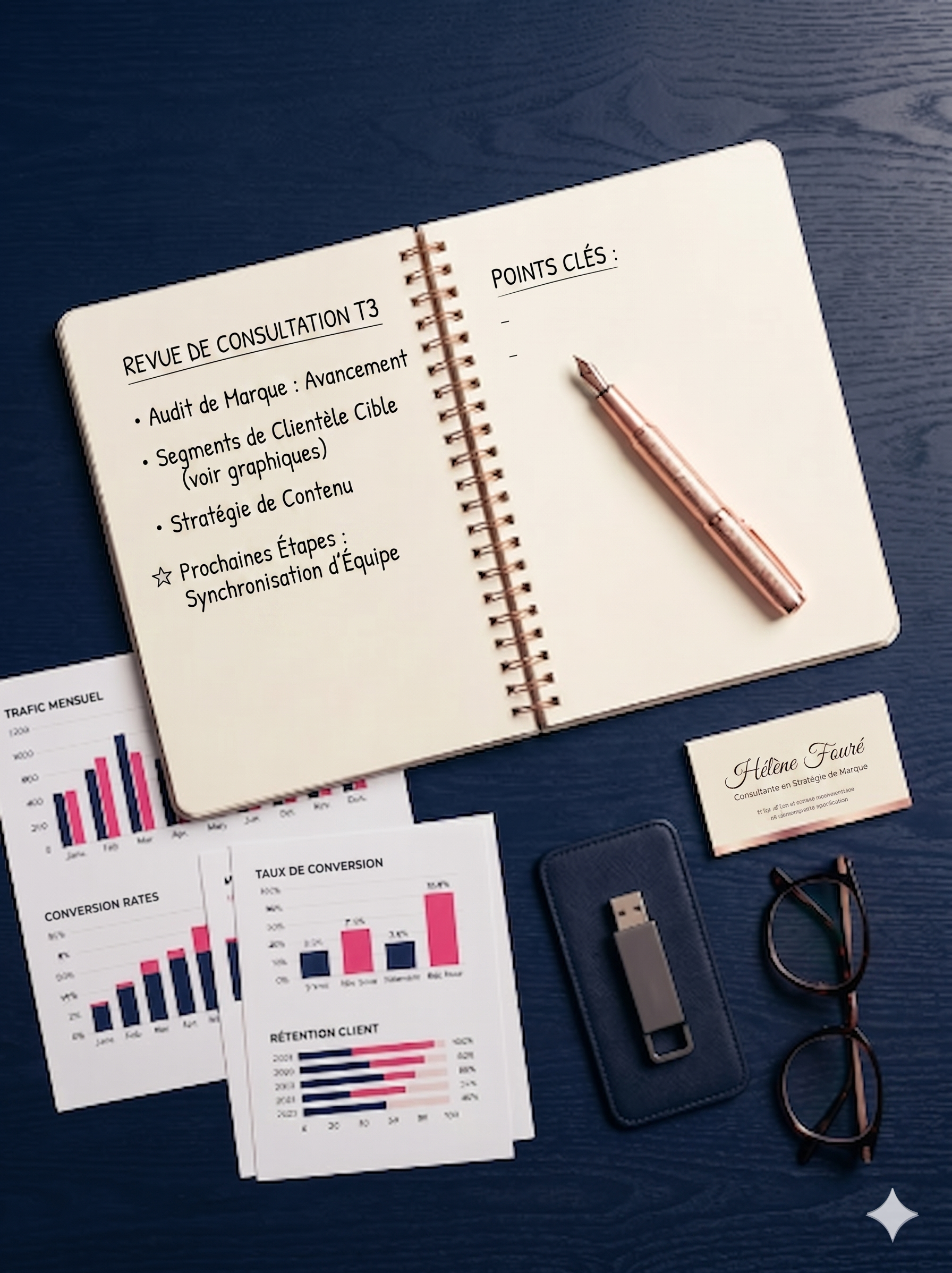 Outils de gestion : cahier, graphiques et carte de visite